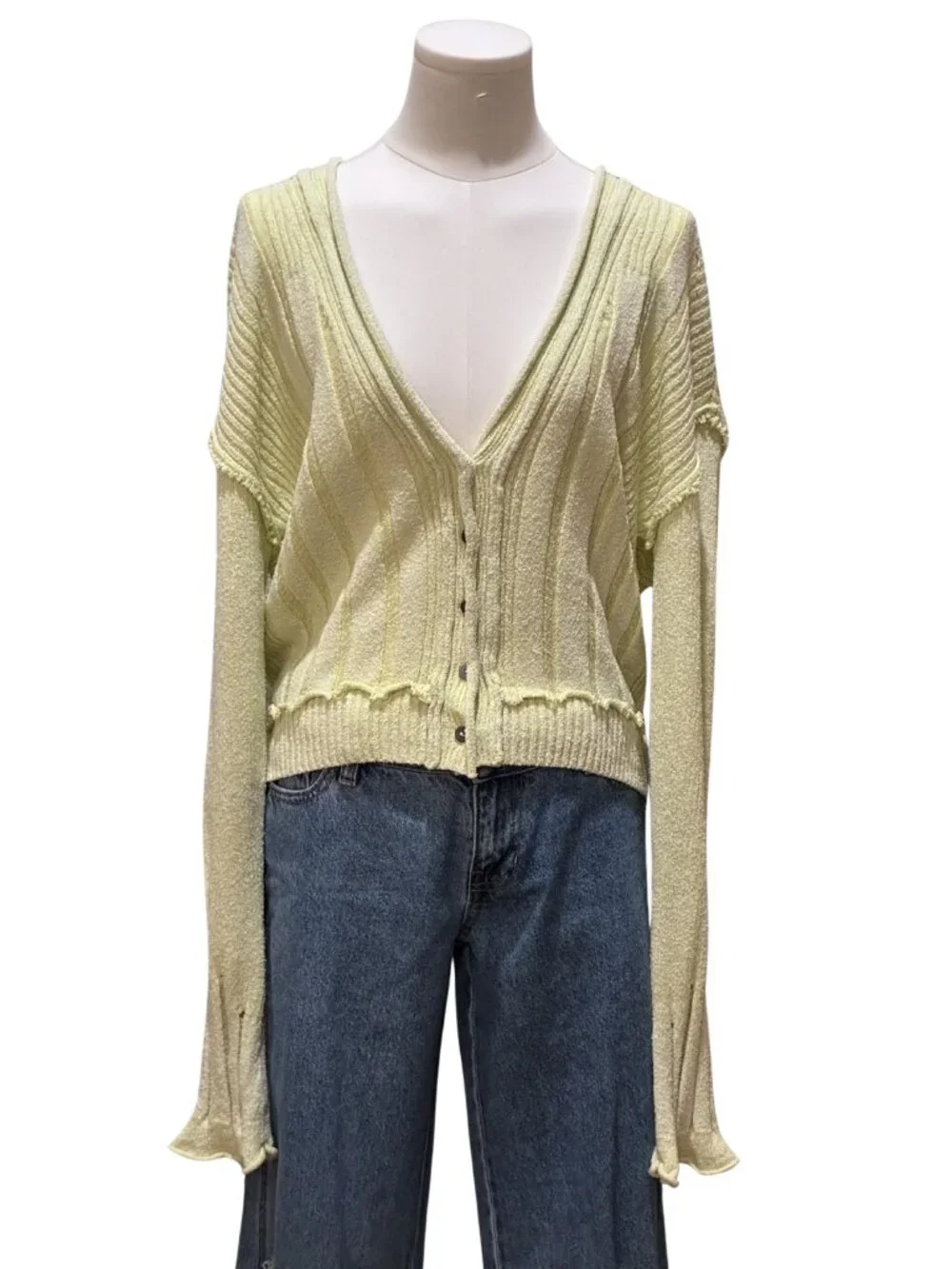 Free People Y2K Indie Skater Grunge Streetwear Lime Yellow Distressed Knit Large